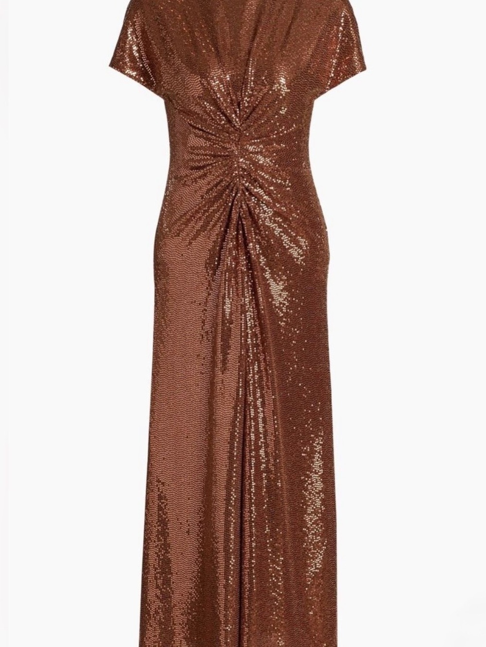 Halston Luce Disco Jersey Midi Dress Tobacco Brown Copper Sequin